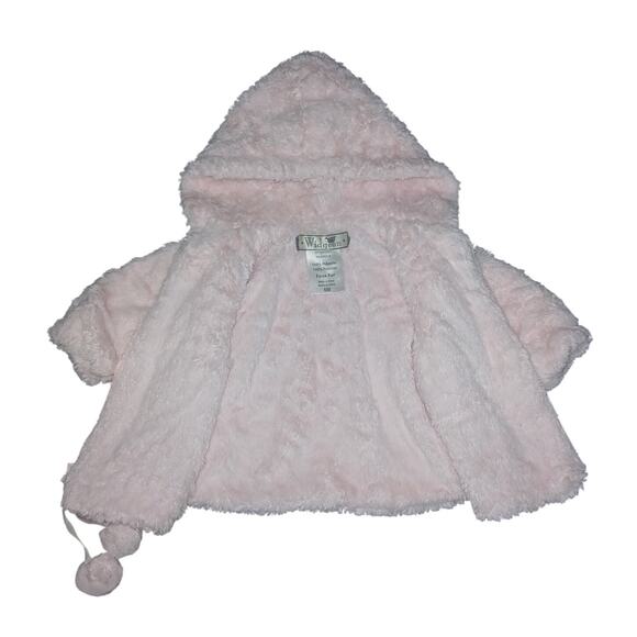 Widgeon Size 6m Girls Jacket Light Pink Faux Fur Hooded Zip Up Pom Poms Warm - Picture 2 of 6
